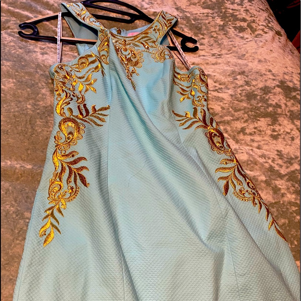 Lilly Pulitzer vibrant aqua and Gold Midi Dress